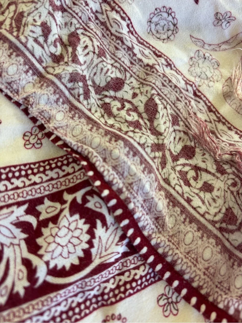 Elephant Print Anthropologie Fringed Wrap Scarf in Cream and Burgundy